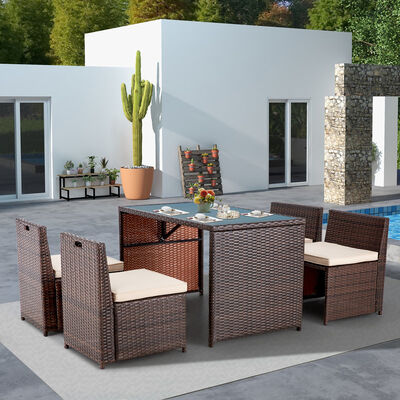 Kommerzielles PE-Rattan-Outdoor-Ess-Set mit rechteckigem Glastisch für Hotel- und Resortnutzung