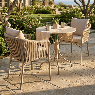 Gewerbliches Outdoor-Seil-Bistro-Set mit pulverbeschichtetem Aluminiumlegierungsrahmen und wetterfester Olefin-Geflochten-Seil